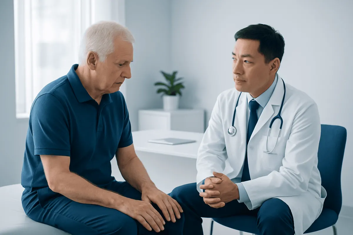 Doctor consulting with elderly male patient in a medical office.
