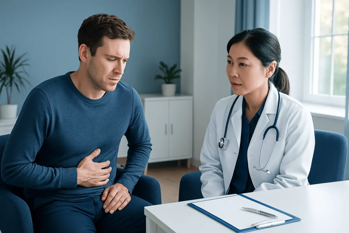 Doctor consulting with a patient experiencing stomach pain in a medical office.
