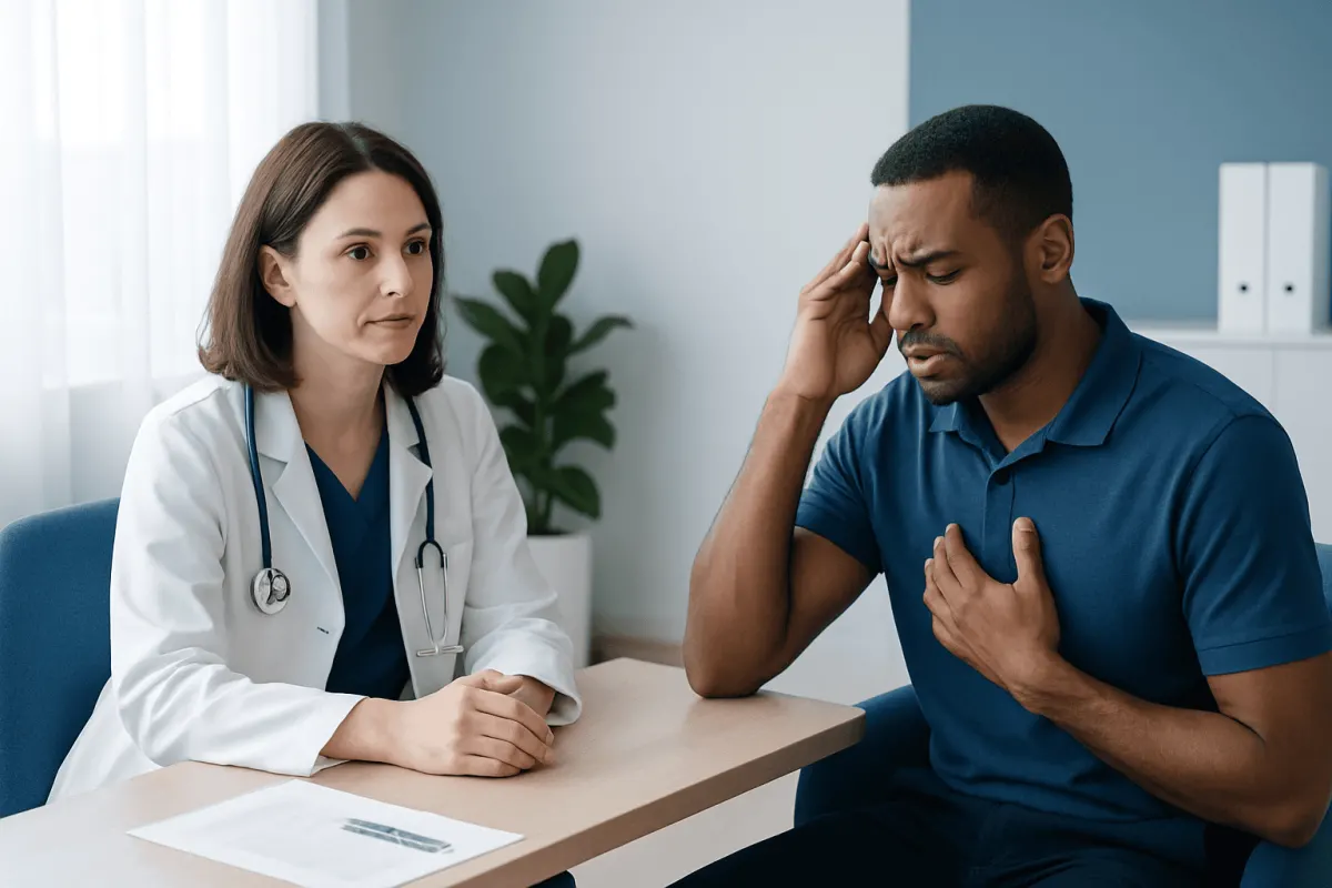Doctor consulting with a patient experiencing headache and chest pain.