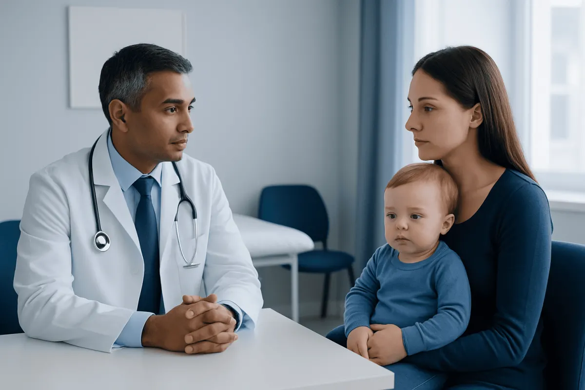 Pediatric consultation at Acibadem Hospital with doctor and mother with child.