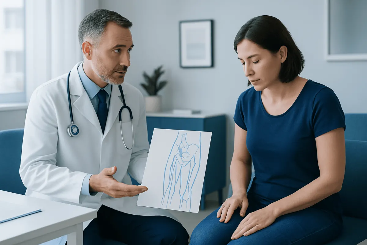 Doctor explaining femoral nerve diagram to patient in consultation room.