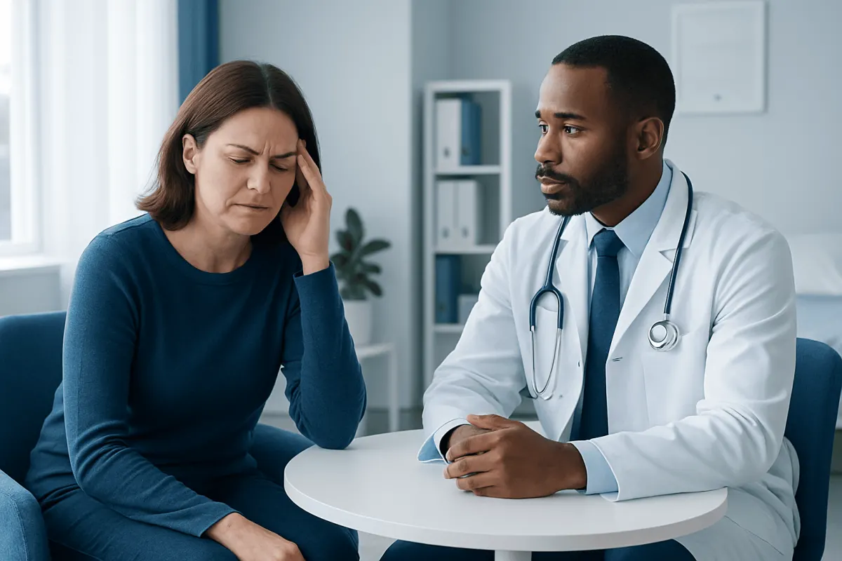 Doctor consulting with a woman experiencing headache symptoms in a medical office.