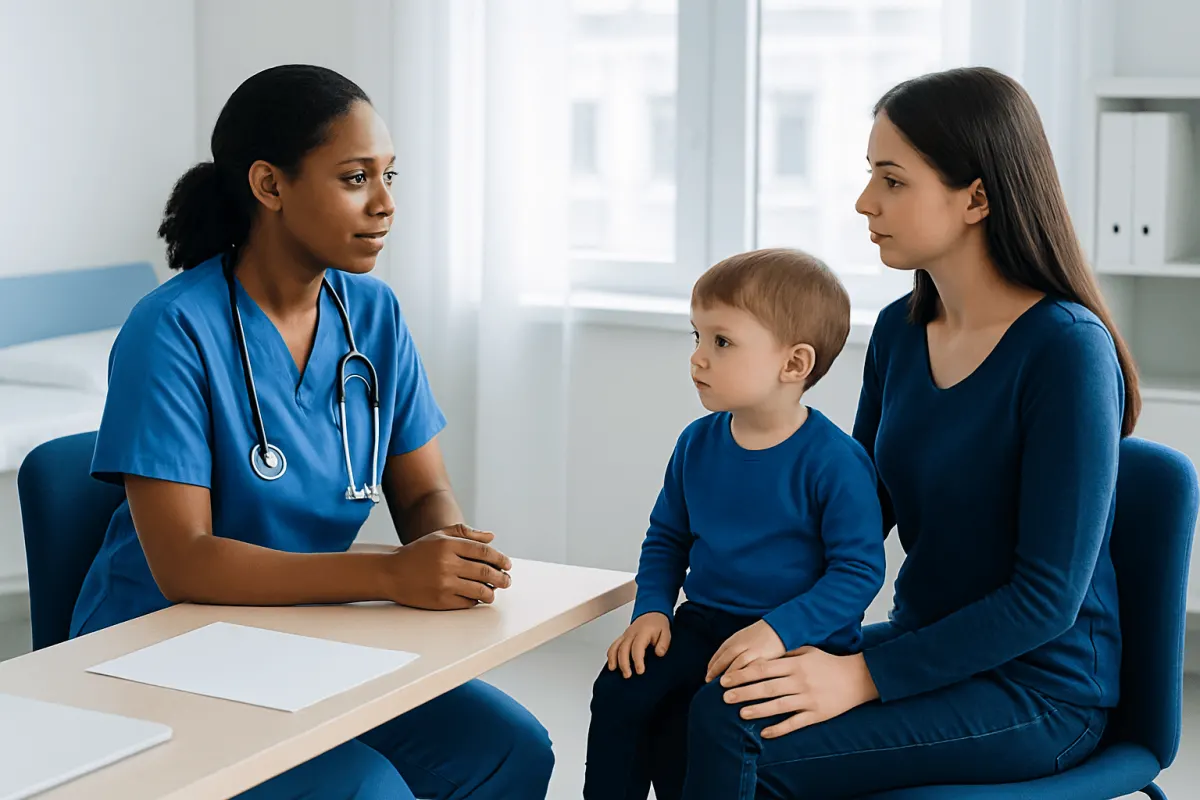 Pediatric neurologist consulting with a young boy and his mother in a clinic.