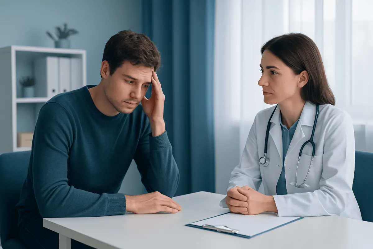 Young man consulting with a doctor about memory issues in a clinical setting.