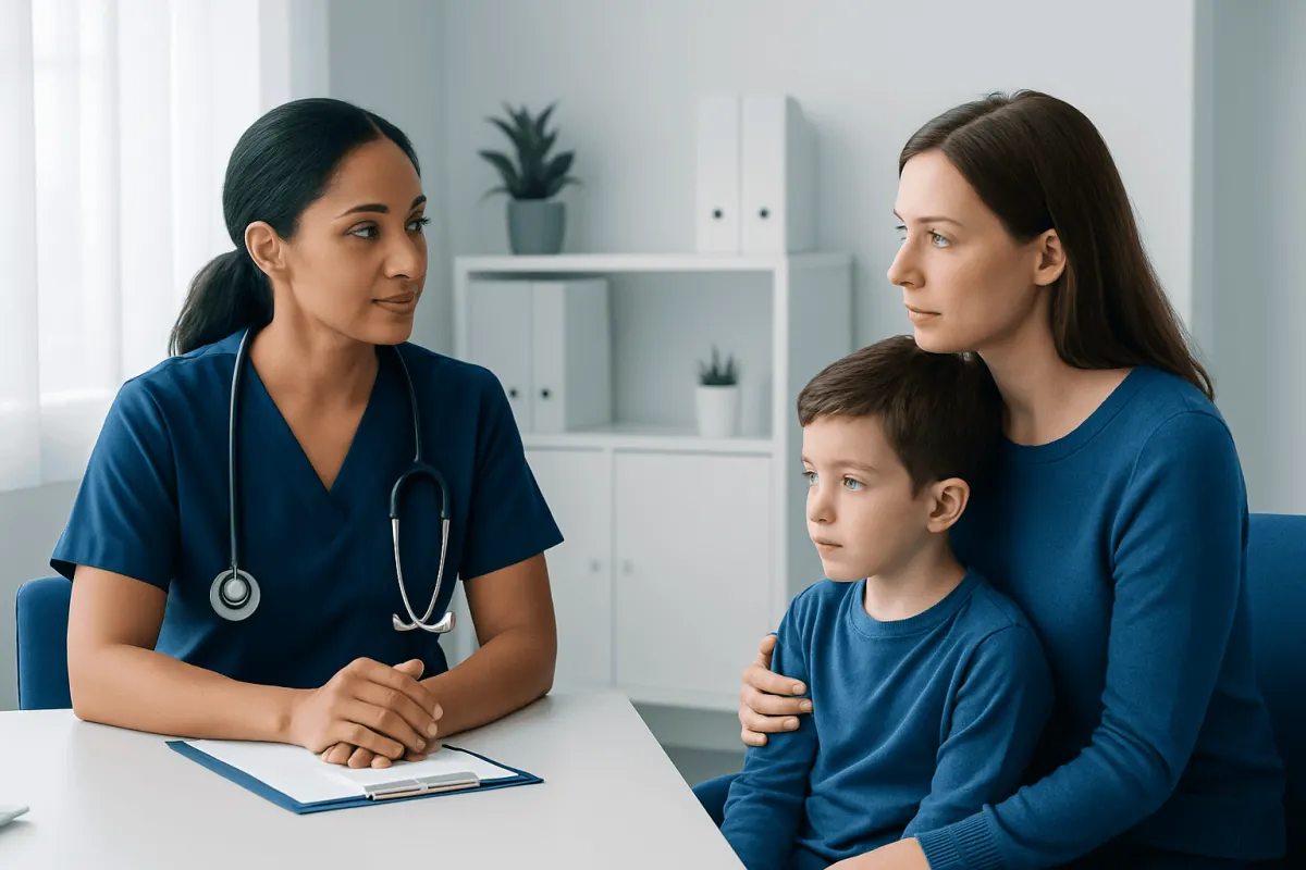 Doctor consulting with mother and child about blood health in children.