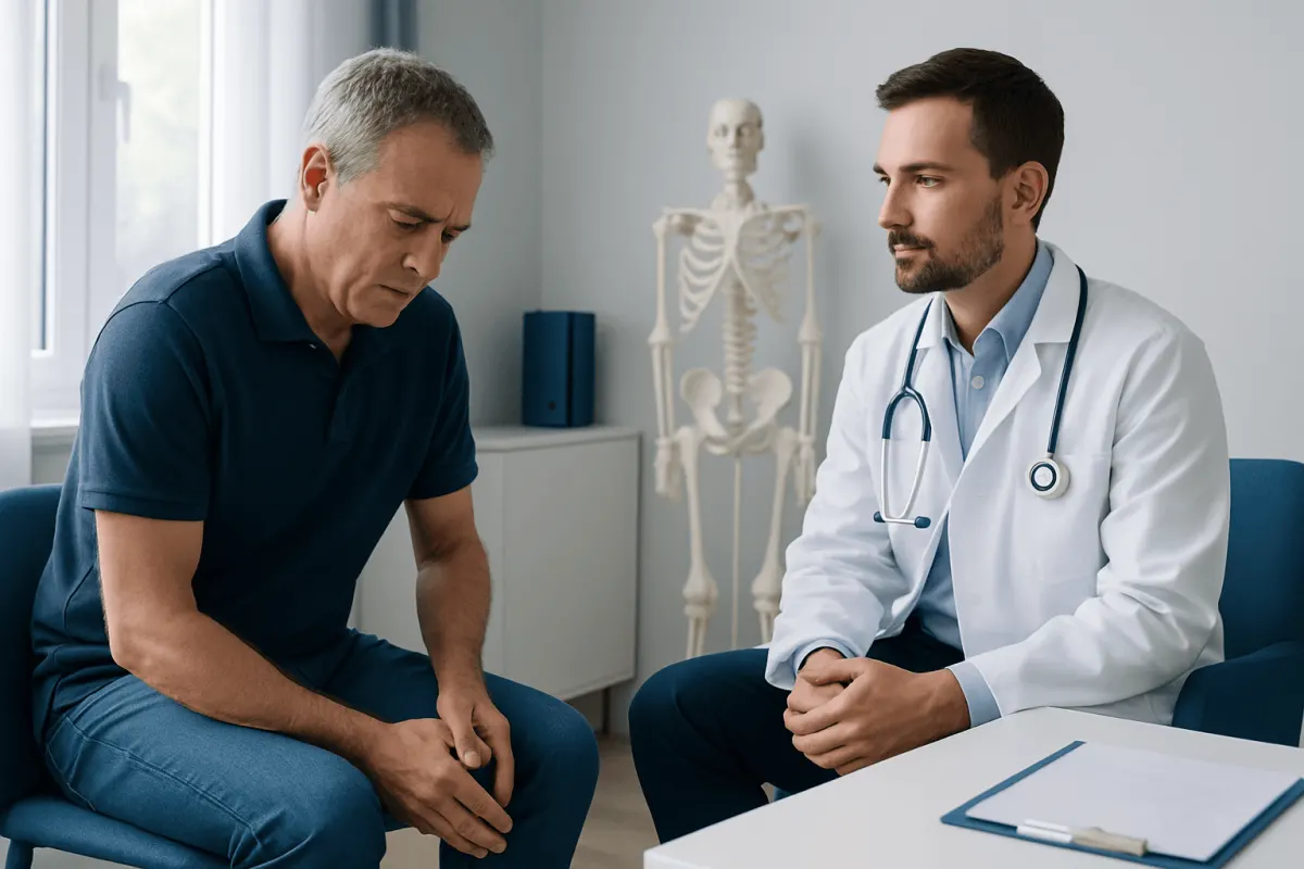 Doctor consulting with patient about joint pain in a medical office.