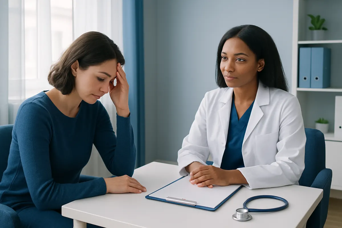 Woman consulting with doctor about anxiety symptoms in a medical office.