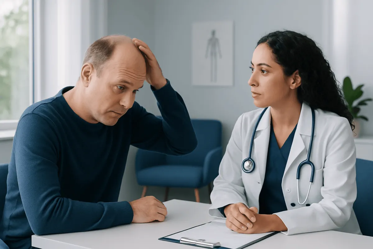 Doctor consulting with a patient about hair loss treatment options.