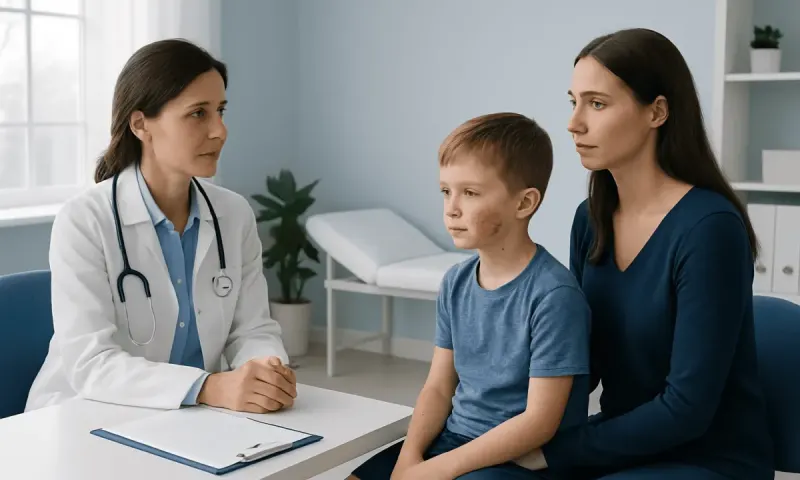 Doctor consulting with mother and child in a medical office.