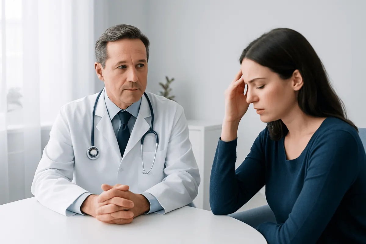 Doctor consulting with a woman about health concerns in a medical office.