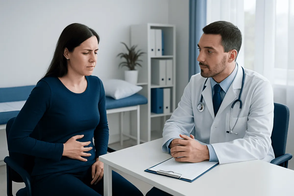 Doctor consulting with a woman patient about health concerns in a medical office.