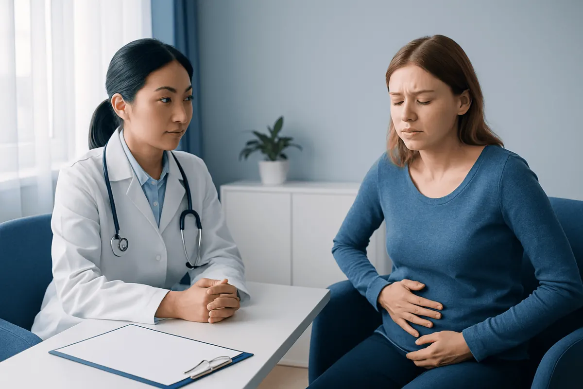 Doctor consulting a woman with stomach pain in a medical office.