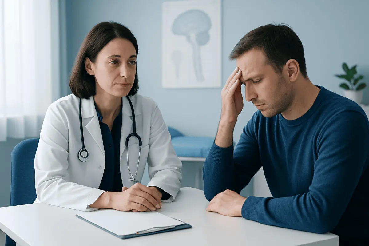 Doctor consulting with a patient experiencing headache and blurred vision.