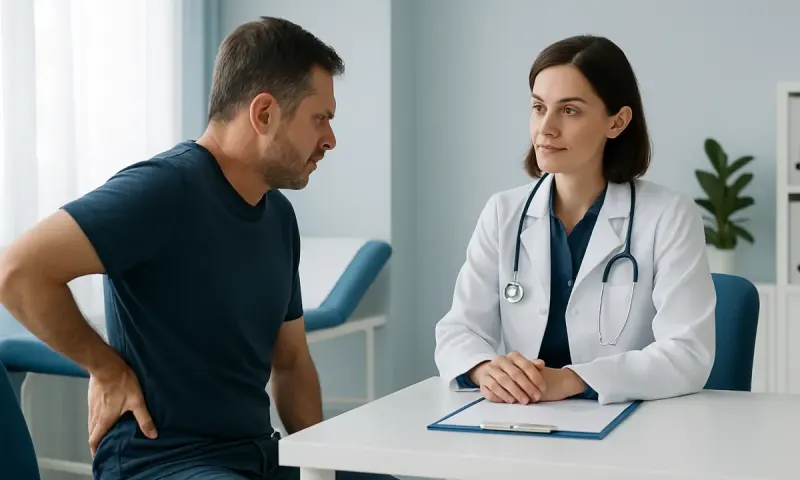 Doctor consulting with patient about back pain on right side.