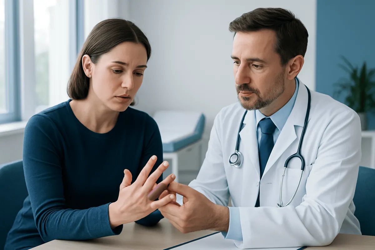 Doctor examining woman's finger for injury or swelling.