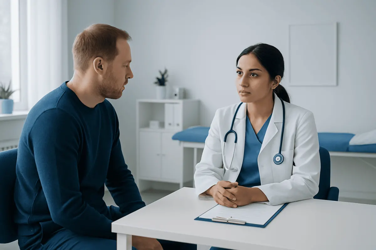 Doctor consulting with a male patient in a modern clinic setting.