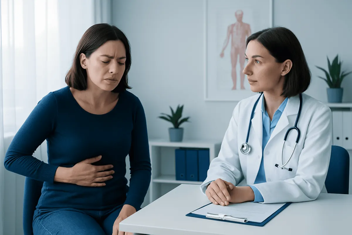 Woman experiencing abdominal pain consulting a doctor in a medical office.