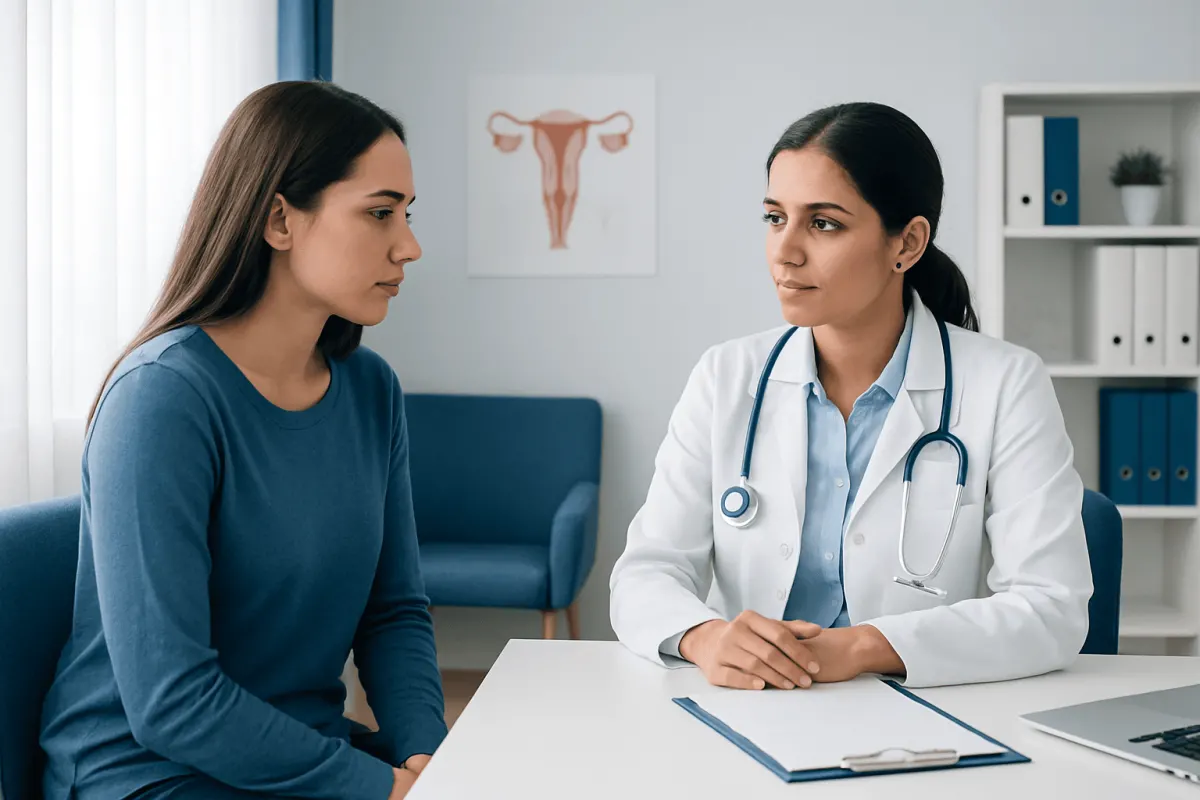 Doctor consulting patient about menstrual health and discharge causes.