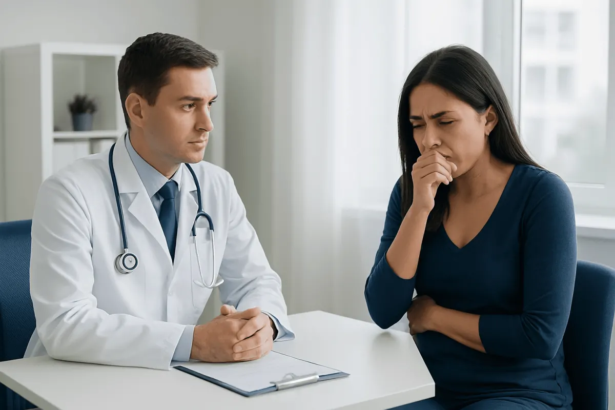 Doctor consulting with a woman patient about nausea symptoms.