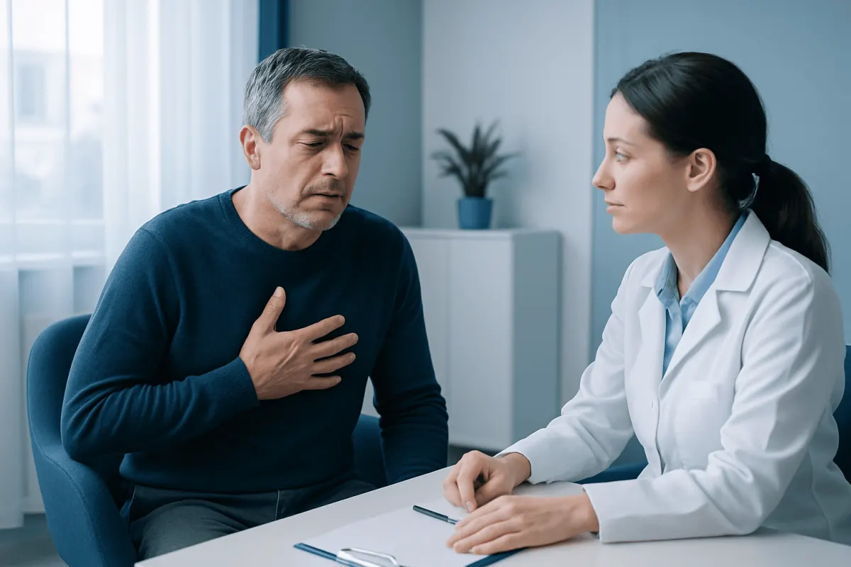Patient experiencing chest pain during medical consultation at Acibadem Hospital.