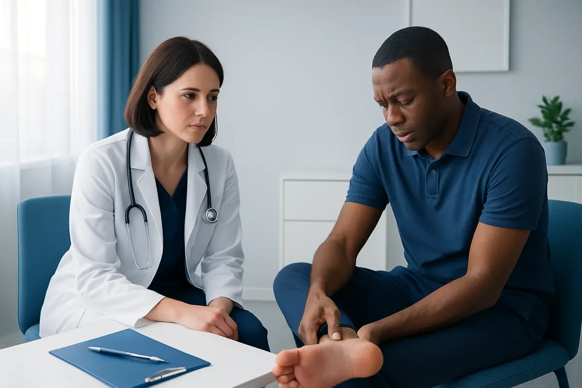 Doctor examining a patient's foot for heel pain assessment.