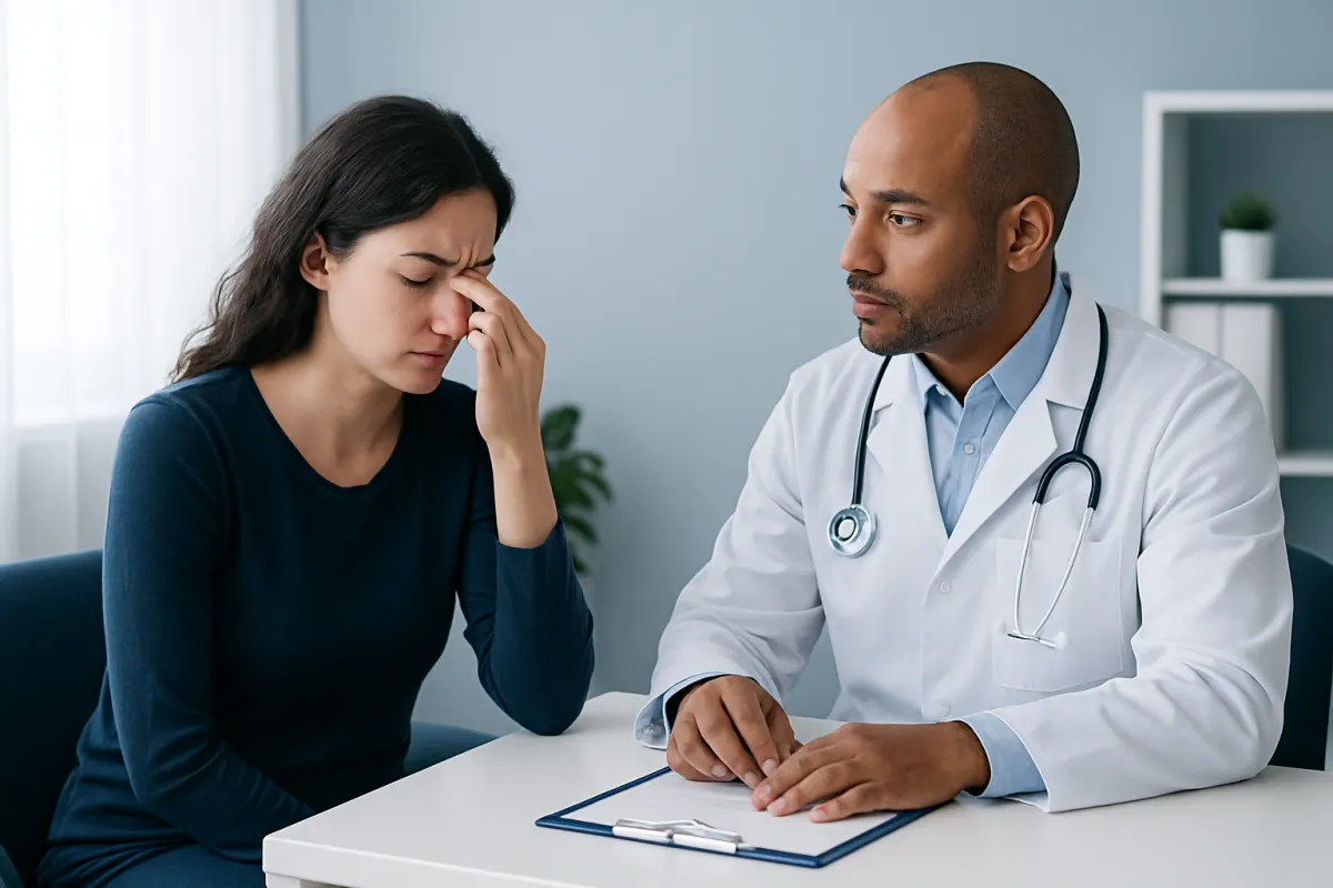 Patient experiencing nose pain consulting with doctor in clinic.