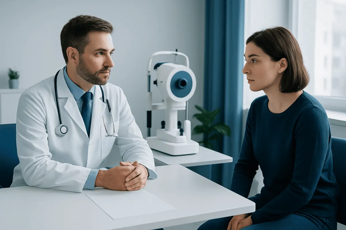 Ophthalmologist consulting a patient about eye health in a clinic setting.