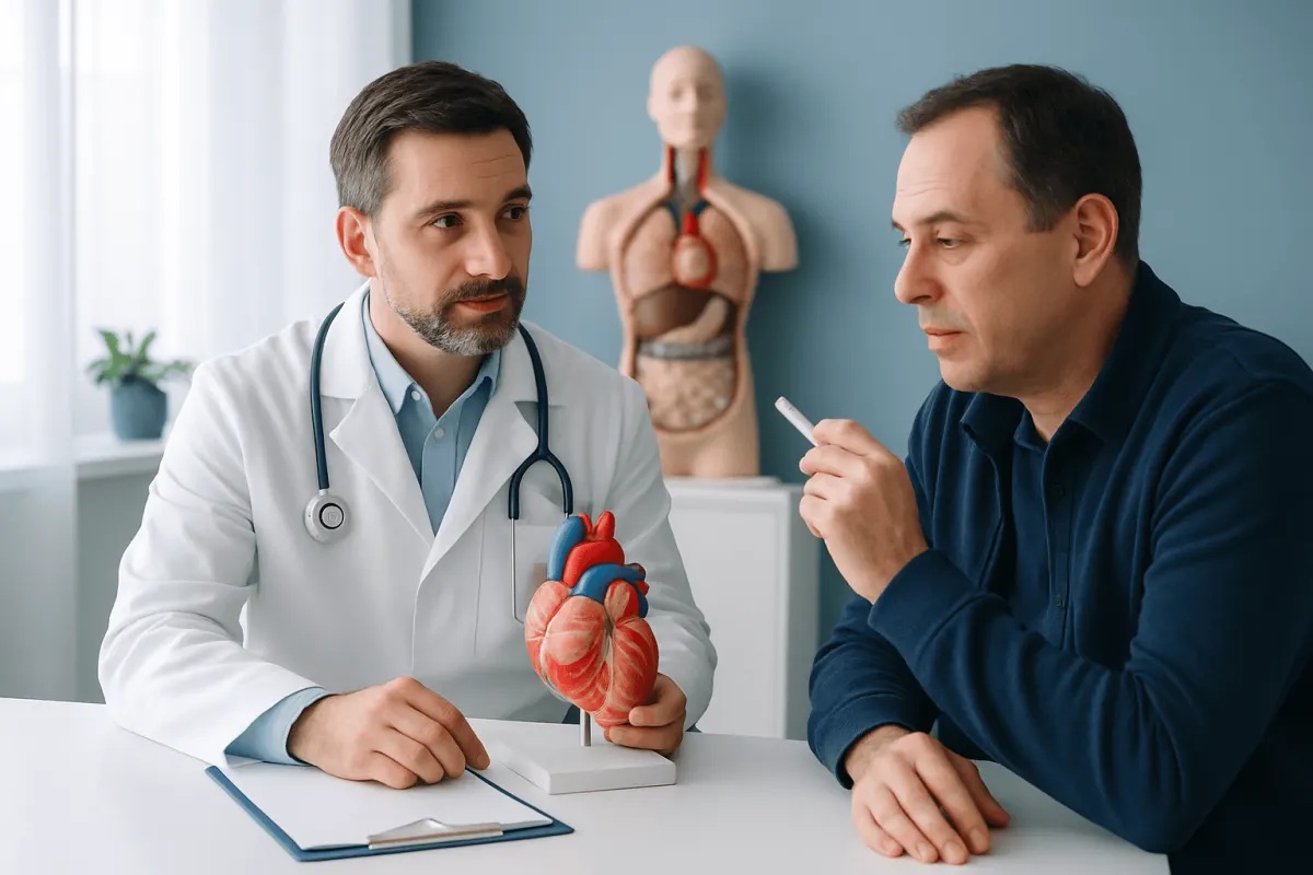 Doctor explaining heart health to patient with anatomical model in clinic.