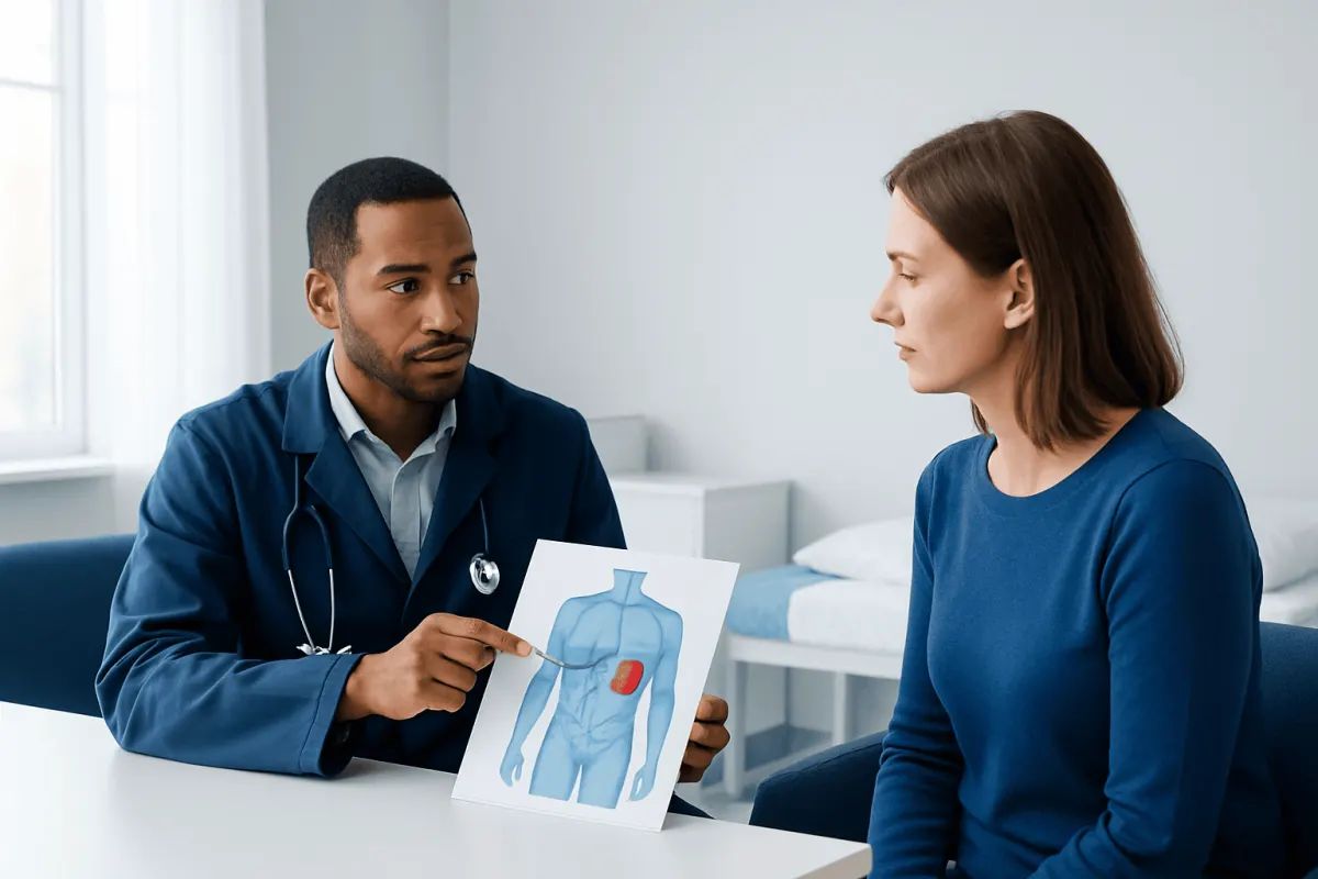 Doctor explaining spleen health to patient with medical diagram.
