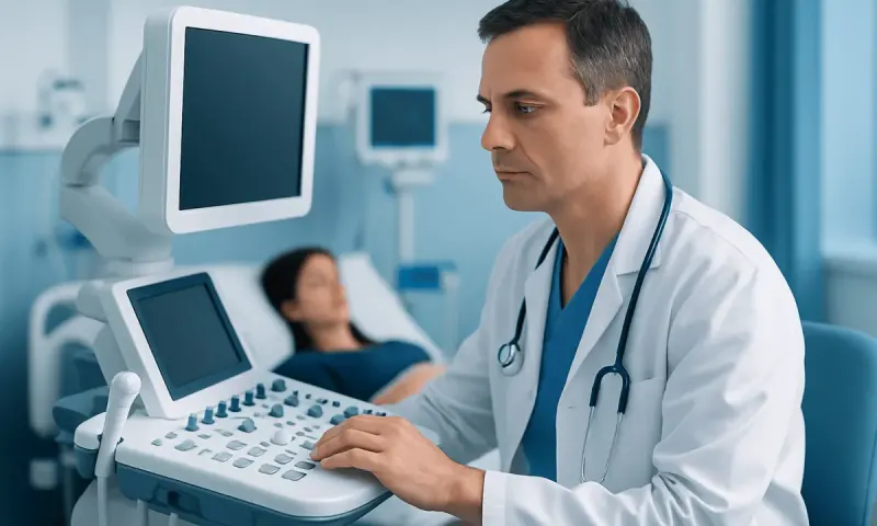 Doctor performing an ultrasound examination on a patient in a hospital.