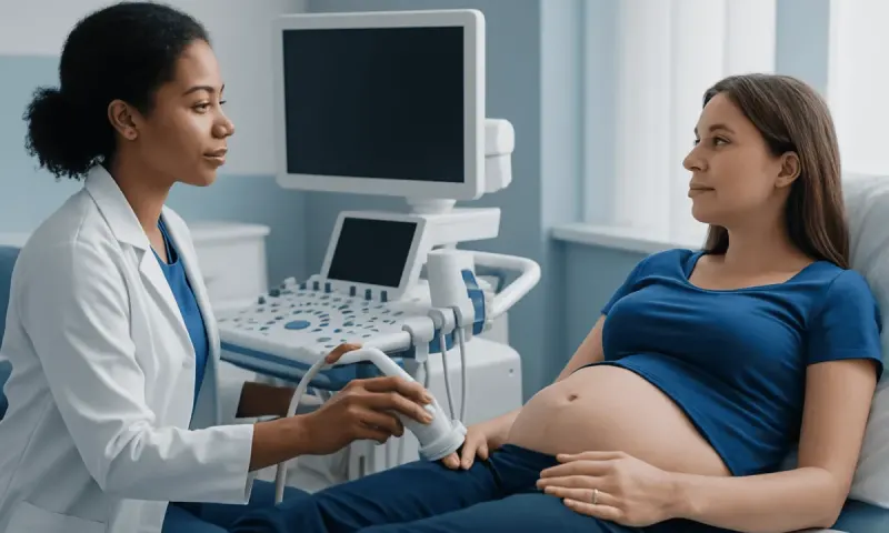 Doctor performing ultrasound on pregnant woman in hospital room.