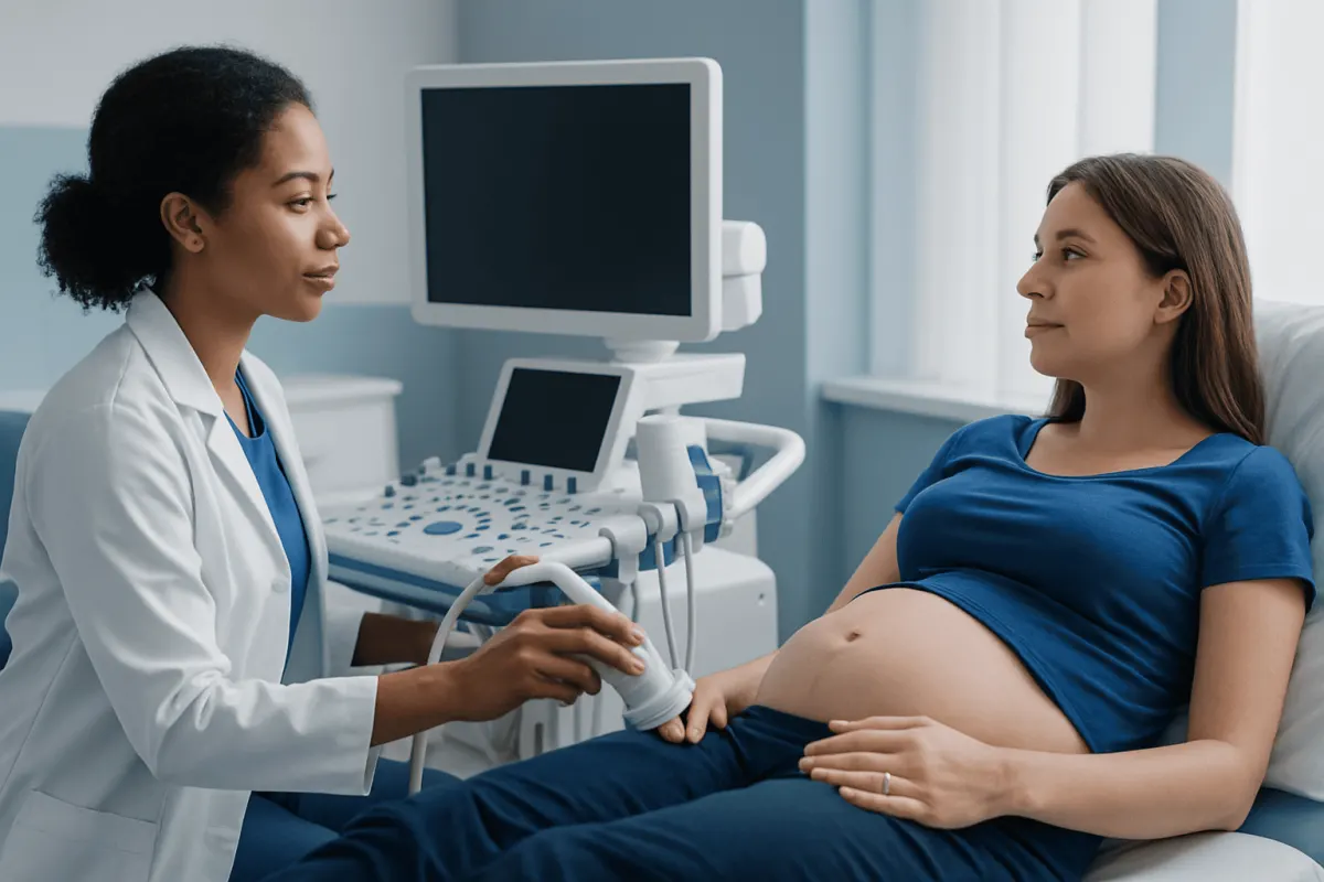 Doctor performing ultrasound on pregnant woman in hospital room.