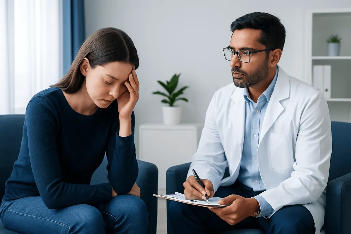 Patient experiencing distress during consultation with doctor at Acibadem Hospital.