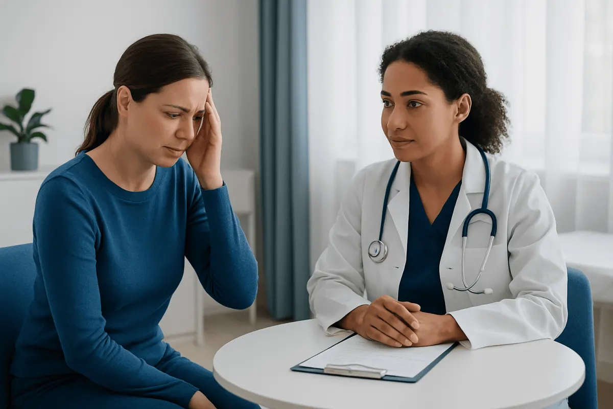 Woman experiencing headache consulting with doctor in clinic.
