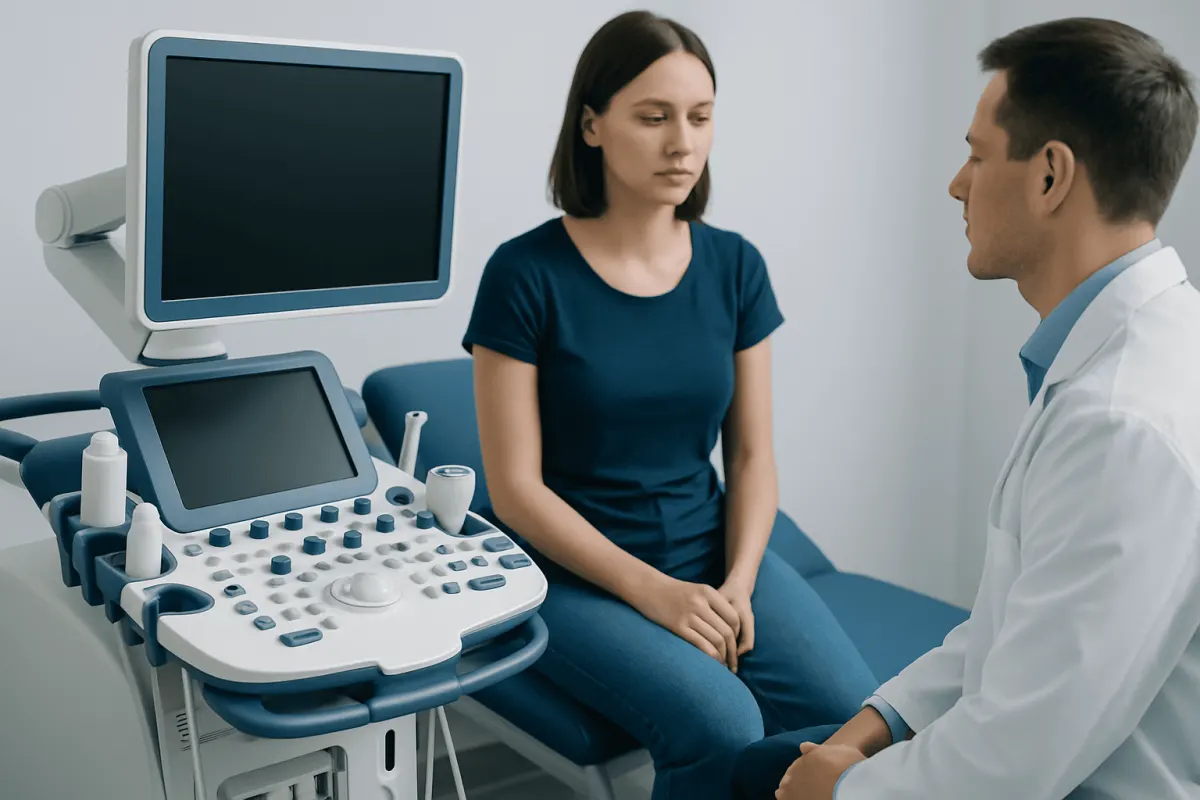 Doctor discussing health with young woman during medical consultation.