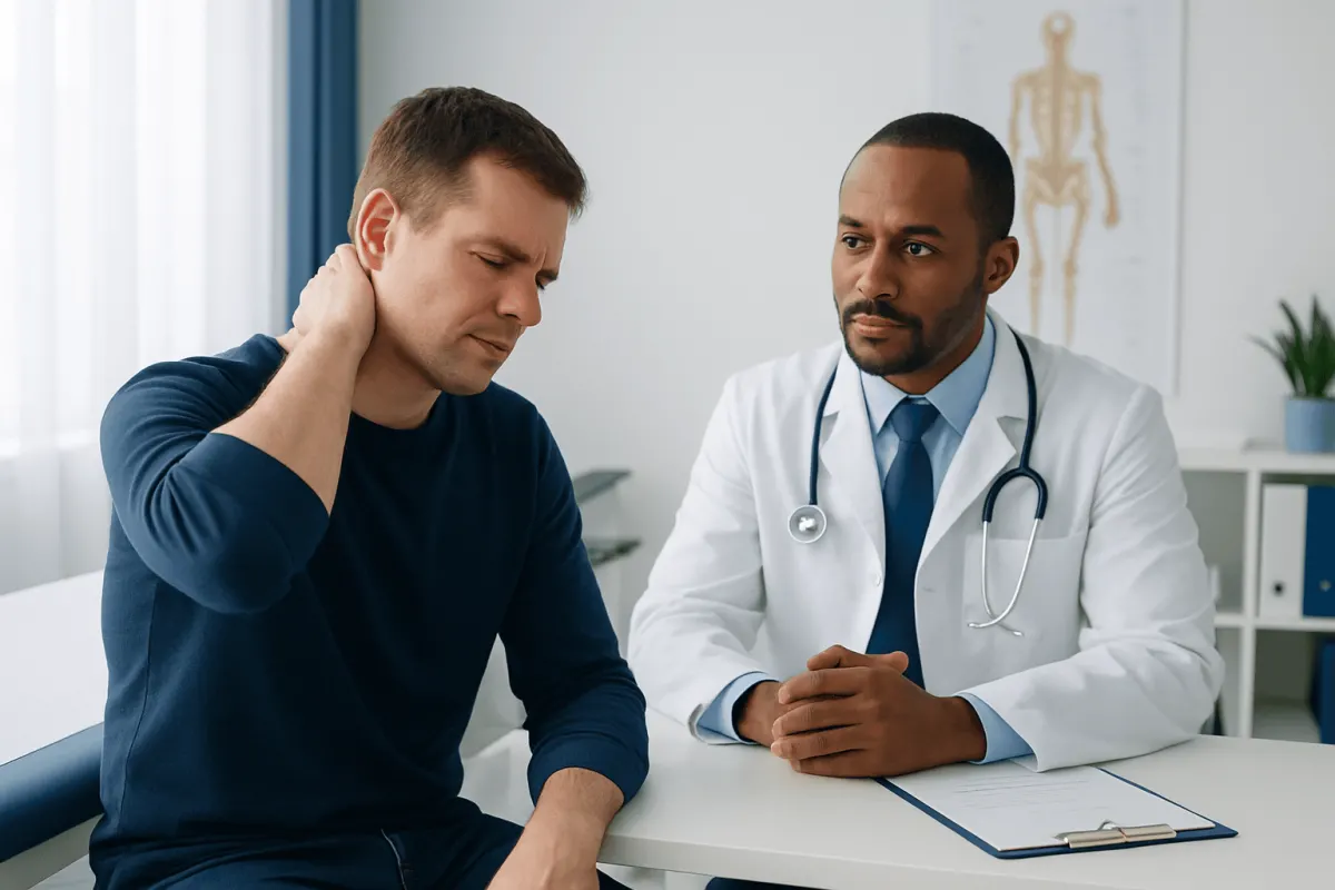 Doctor examines patient with neck pain in consultation room.