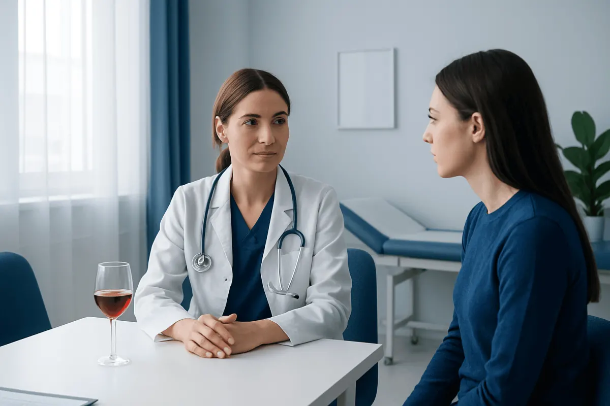 Doctor consulting patient in a medical office with a glass of wine on the table.