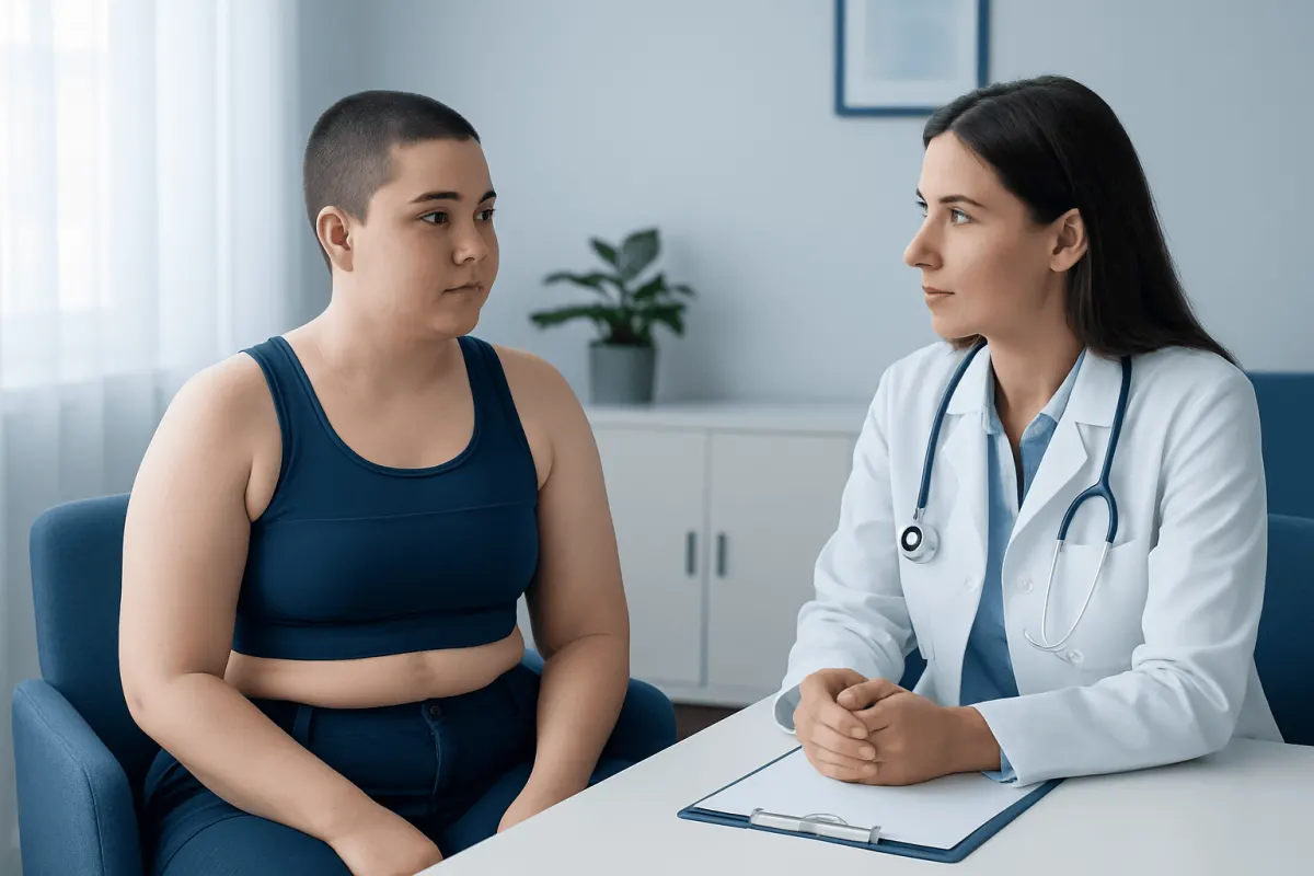 Doctor consulting with a young patient in a medical office.