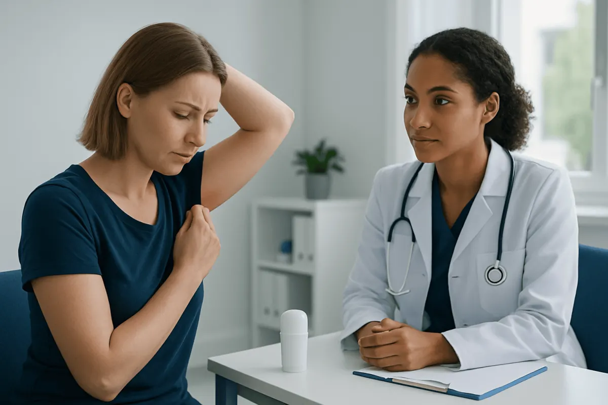 Doctor consulting with a patient about deodorant allergy symptoms.