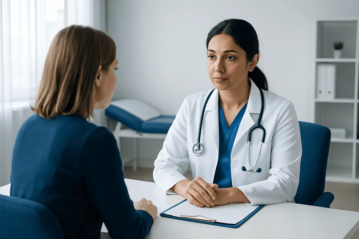 Doctor consulting with a patient in a modern hospital room.