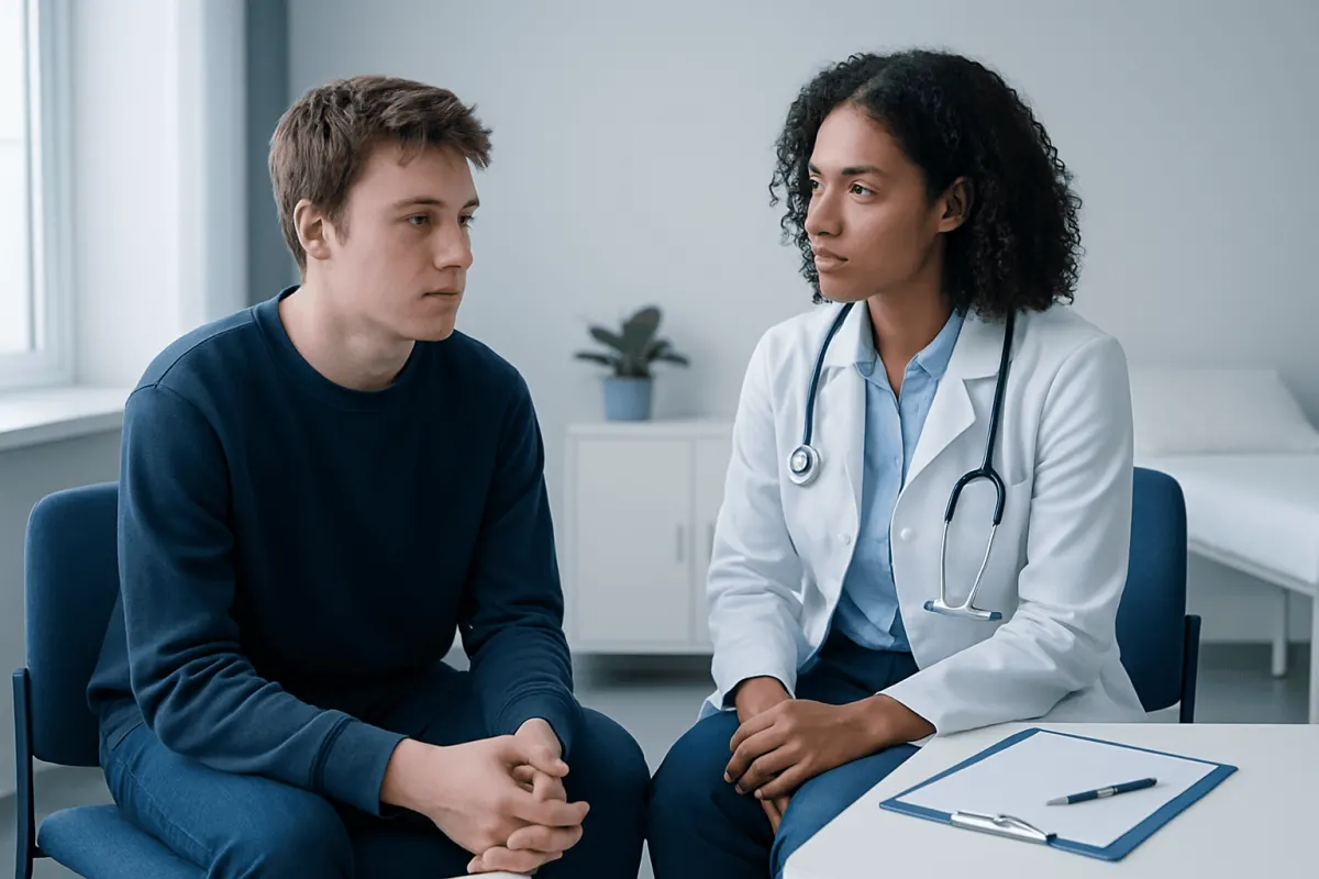 Doctor consulting with a young male patient in a medical office.