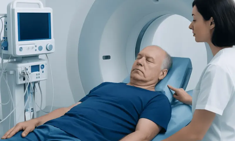 Patient undergoing a CT scan at Acibadem Hospital for cancer diagnosis.
