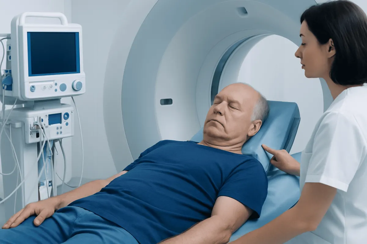 Patient undergoing a CT scan at Acibadem Hospital for cancer diagnosis.