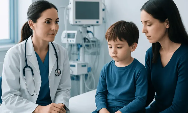 Doctor consulting with a young boy and his mother in a hospital room.