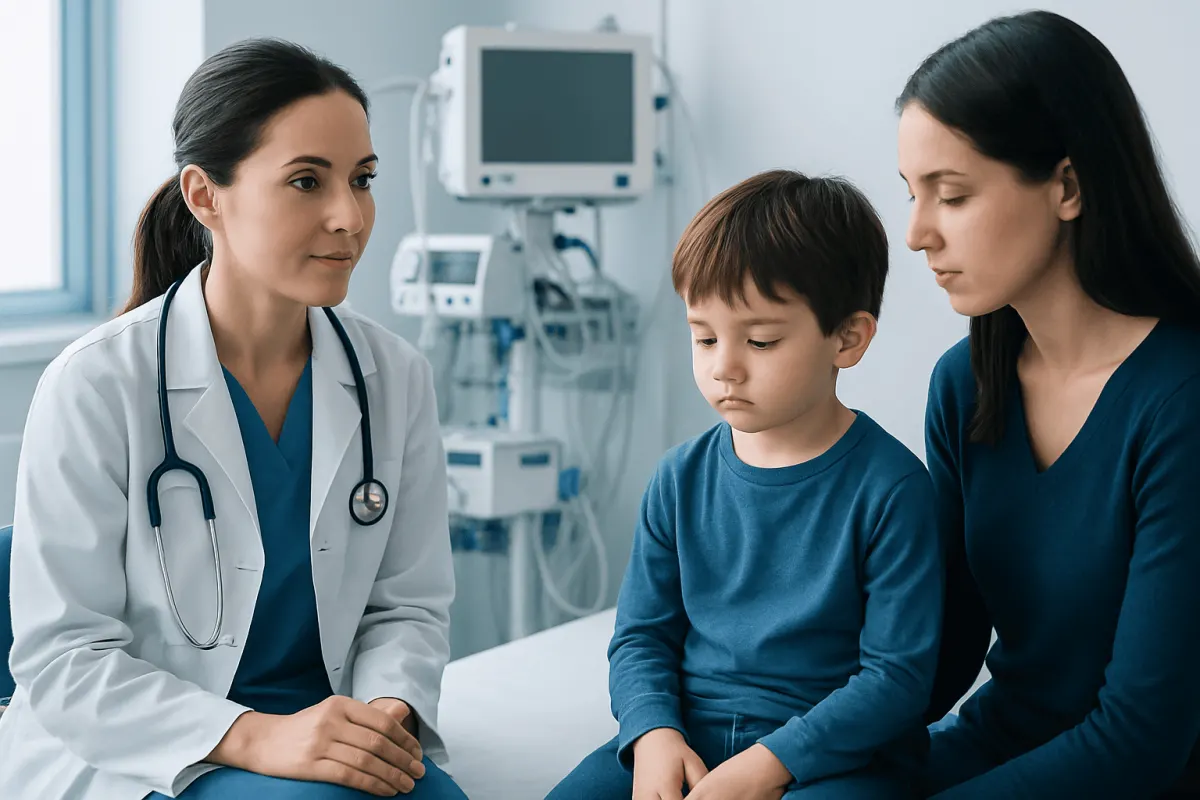 Doctor consulting with a young boy and his mother in a hospital room.