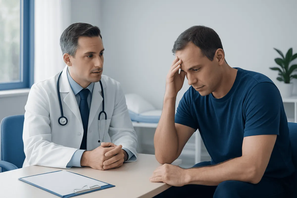 Doctor consulting with male patient about health concerns in a clinic setting.