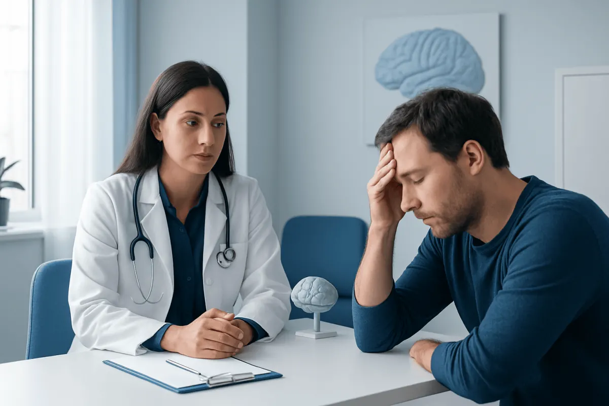 Doctor consulting with a patient about neurological symptoms in a clinic setting.