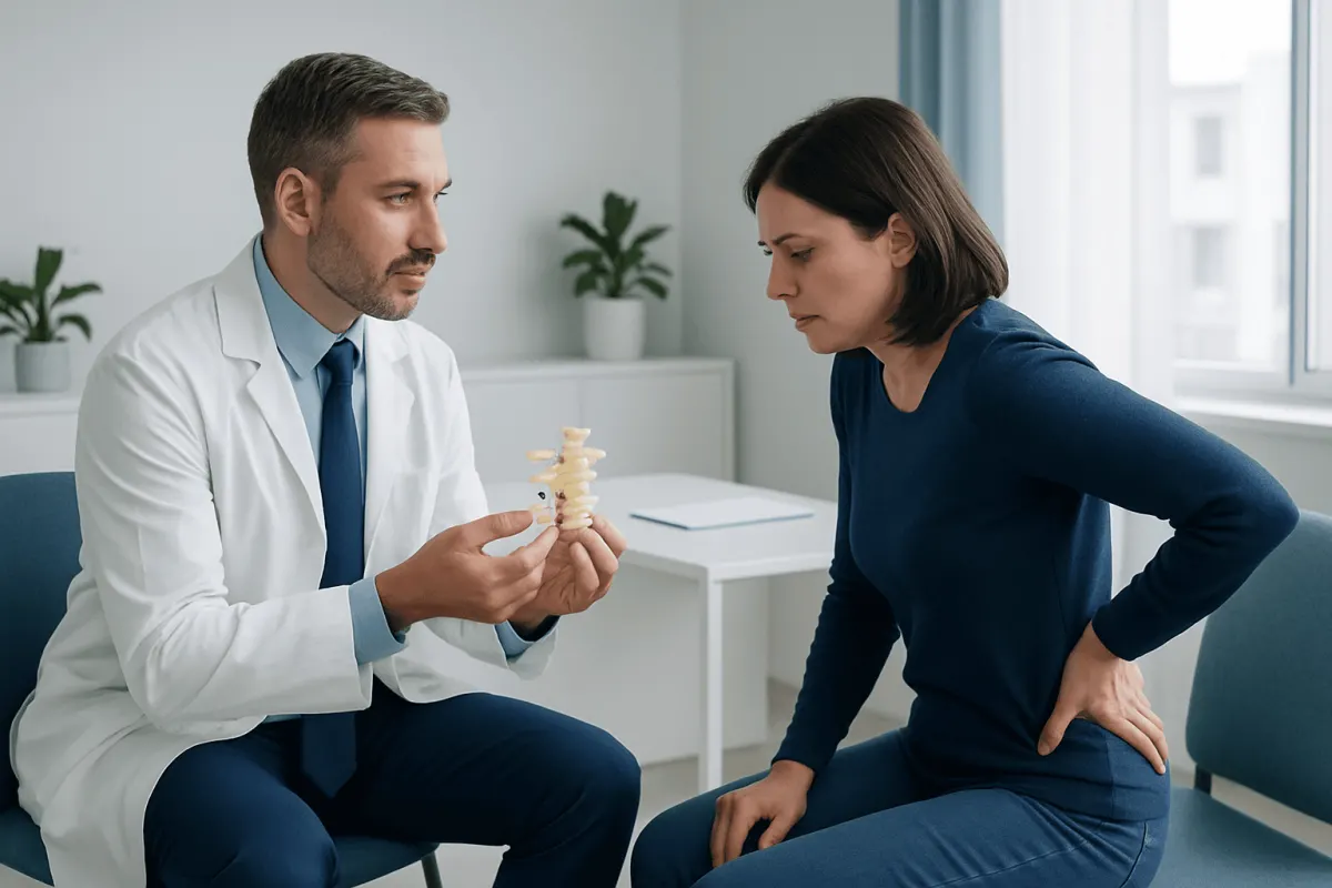 Doctor explaining spinal disc issues to a patient in a clinic setting.