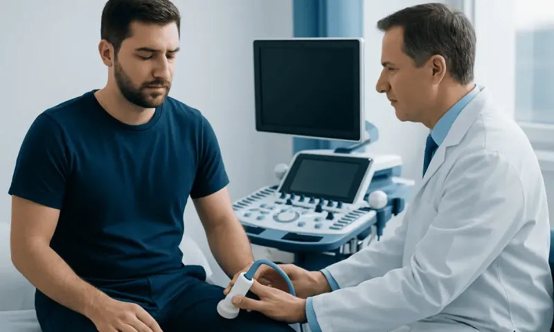 Doctor performs testicular ultrasound on patient for lump evaluation.