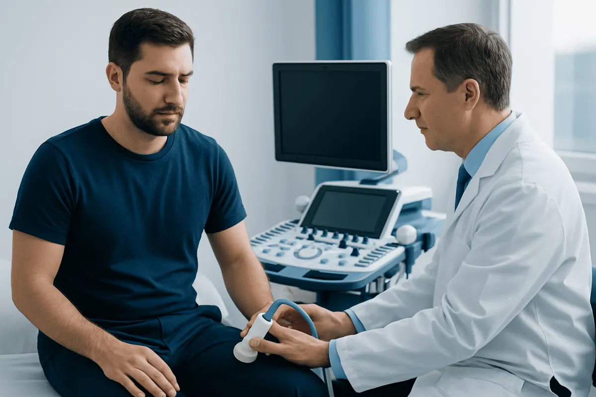 Doctor performs testicular ultrasound on patient for lump evaluation.